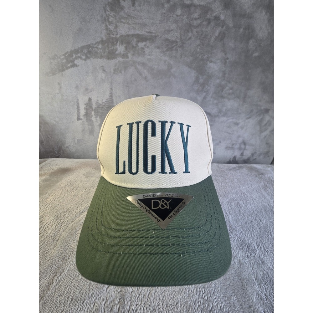 Lucky Hat Mens One Size White Green Snapback Embroidered David and Young Cotton